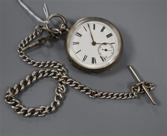 A late Victorian silver open face pocket watch by Mathers of Cambridge, on a silver albert.